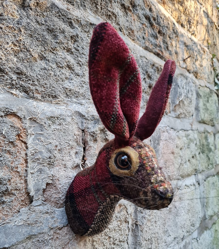 Faux hare head wall mount in tartan velvet and tweed