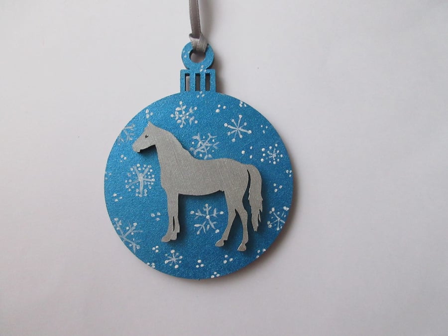 Horse Christmas Bauble Decoration Silver Blue Tree Hanging Snow Scene