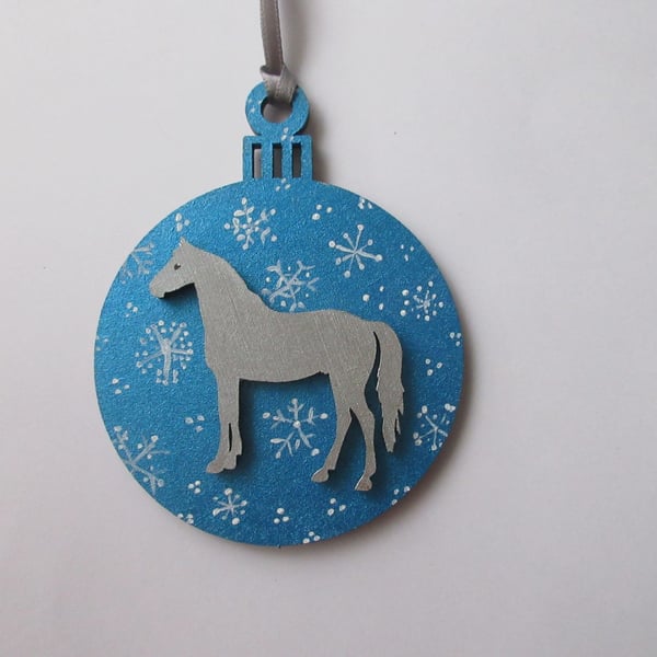 Horse Christmas Bauble Decoration Silver Blue Tree Hanging Snow Scene