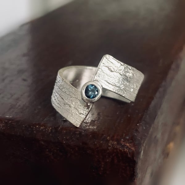 Recycled Sterling Silver Heat Fire Textured Sapphire Ring