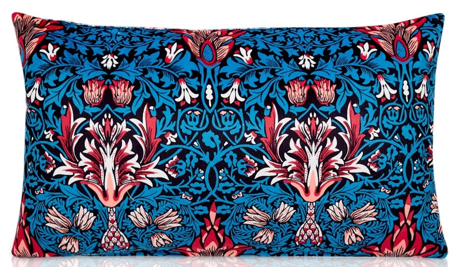 Blue Velvet Feel William Morris Craft Style Bolster Cushion 50cm x 30cm