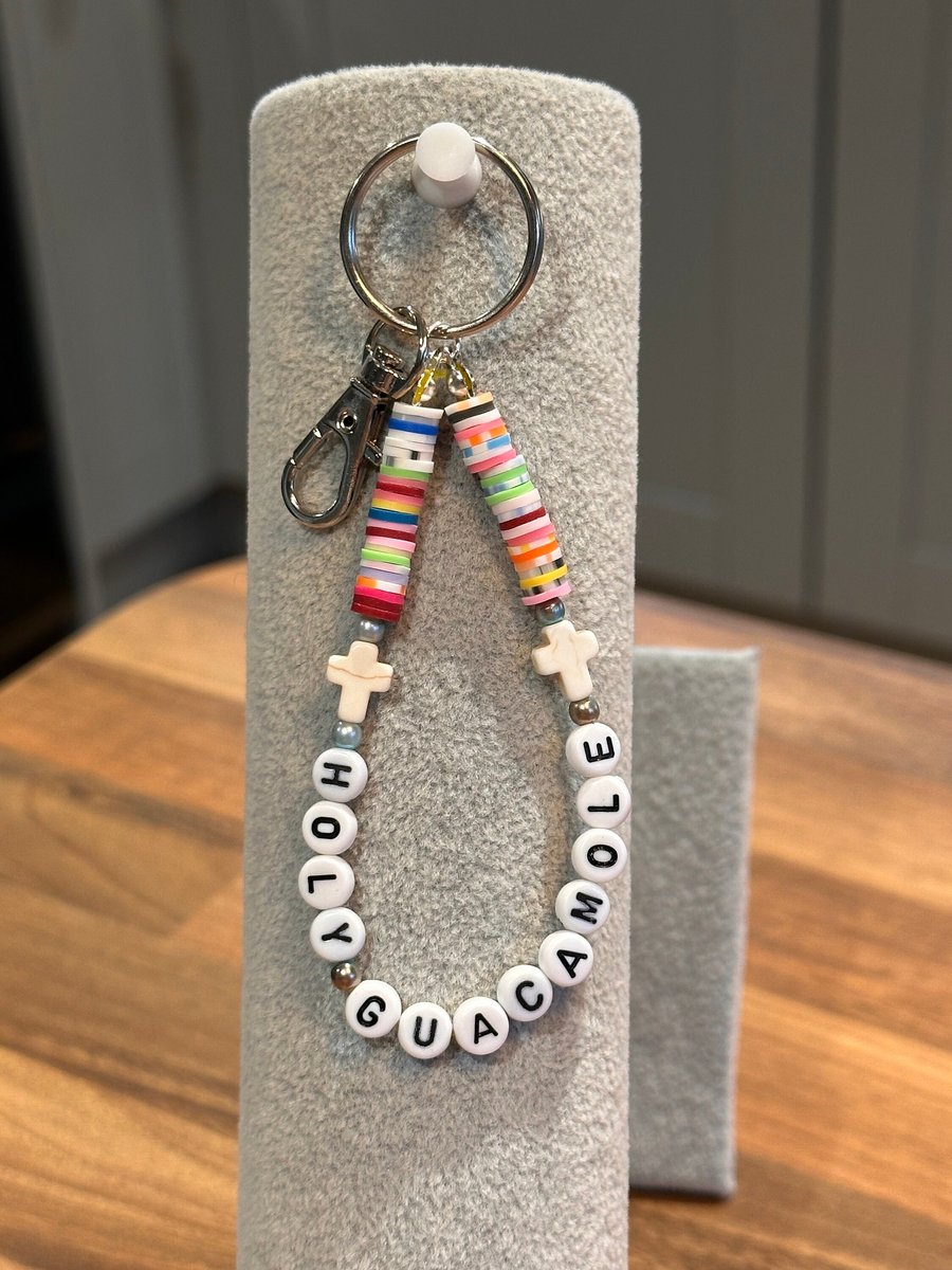 Unique Handmade keychain with heishi beads - wordy holy guacamole