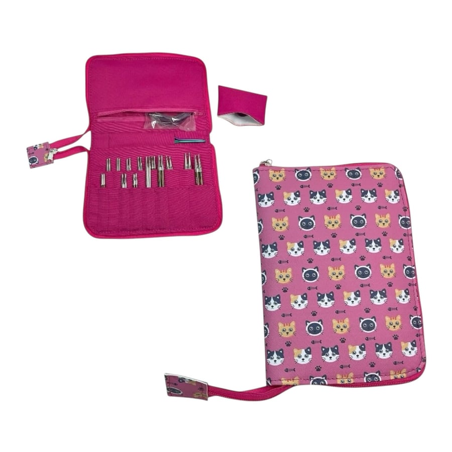 Interchangeable knitting needle case with cats, fully zip around knit pro case, 