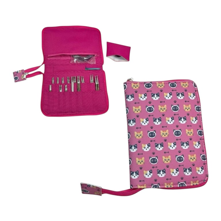 Interchangeable knitting needle case with cats, fully zip around knit pro case, 
