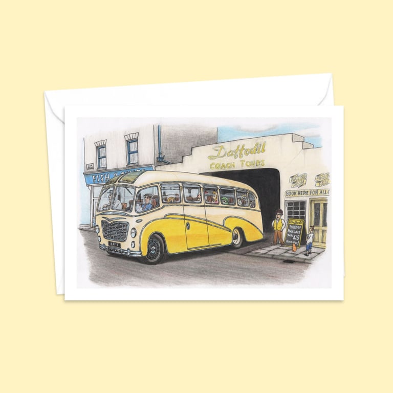 Vintage Coach Trip Greeting Card: Hand Drawn Nostalgic Art (326)
