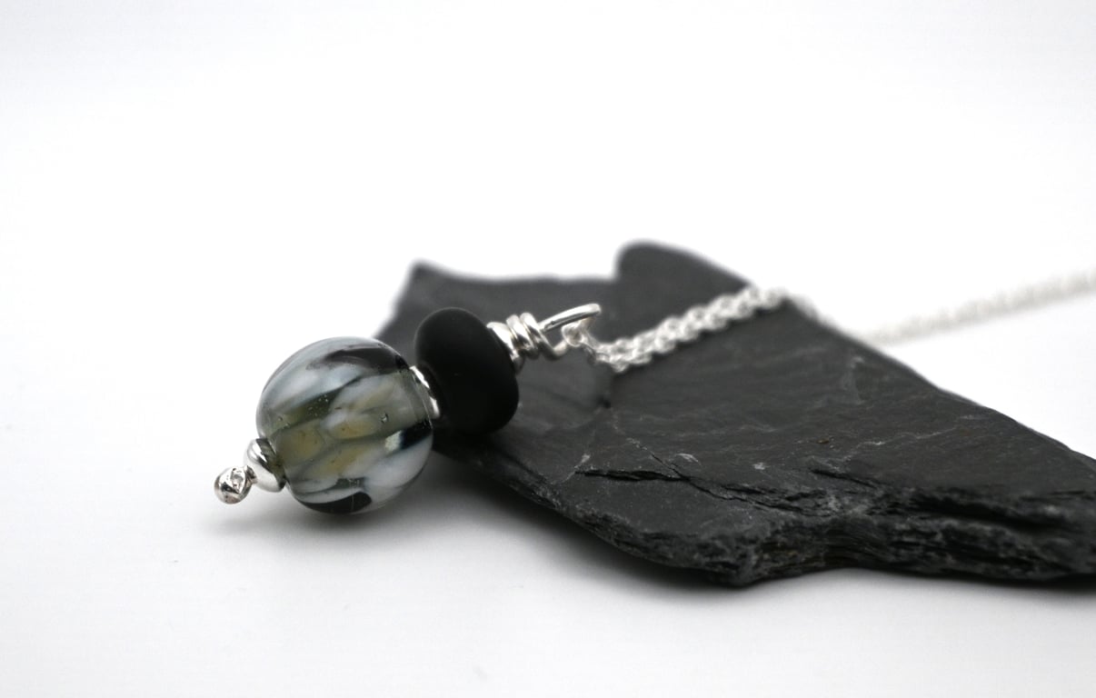 lampwork glass pendant necklace, black, grey and white