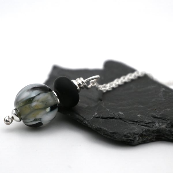 lampwork glass pendant necklace, black, grey and white