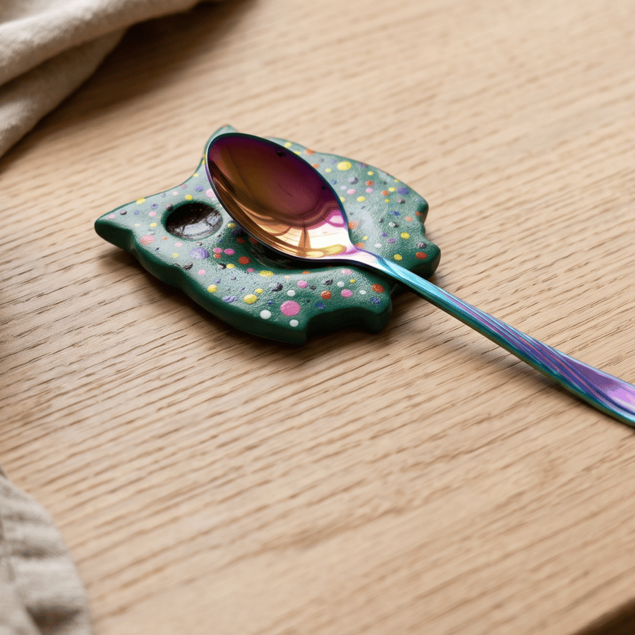 Green Owl Teaspoon Rest, Colourful Handmade Clay Spoon Holder