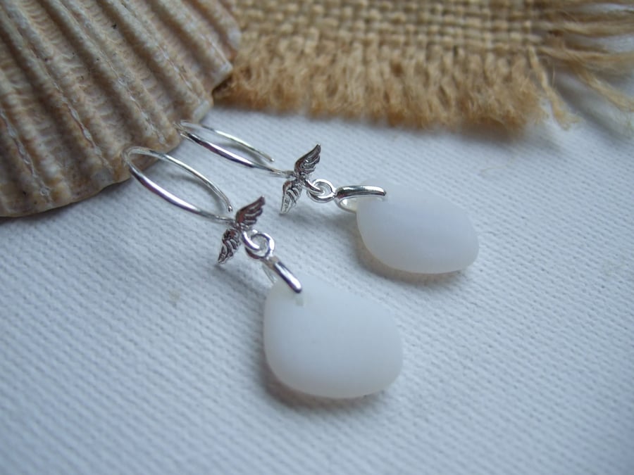 Davenport sea glass, Beach glass earrings, white opalescent layered sea glass