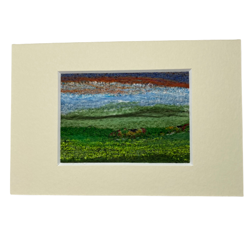 ACEO, Silk and wool textile art, needle felted, fields at sunset