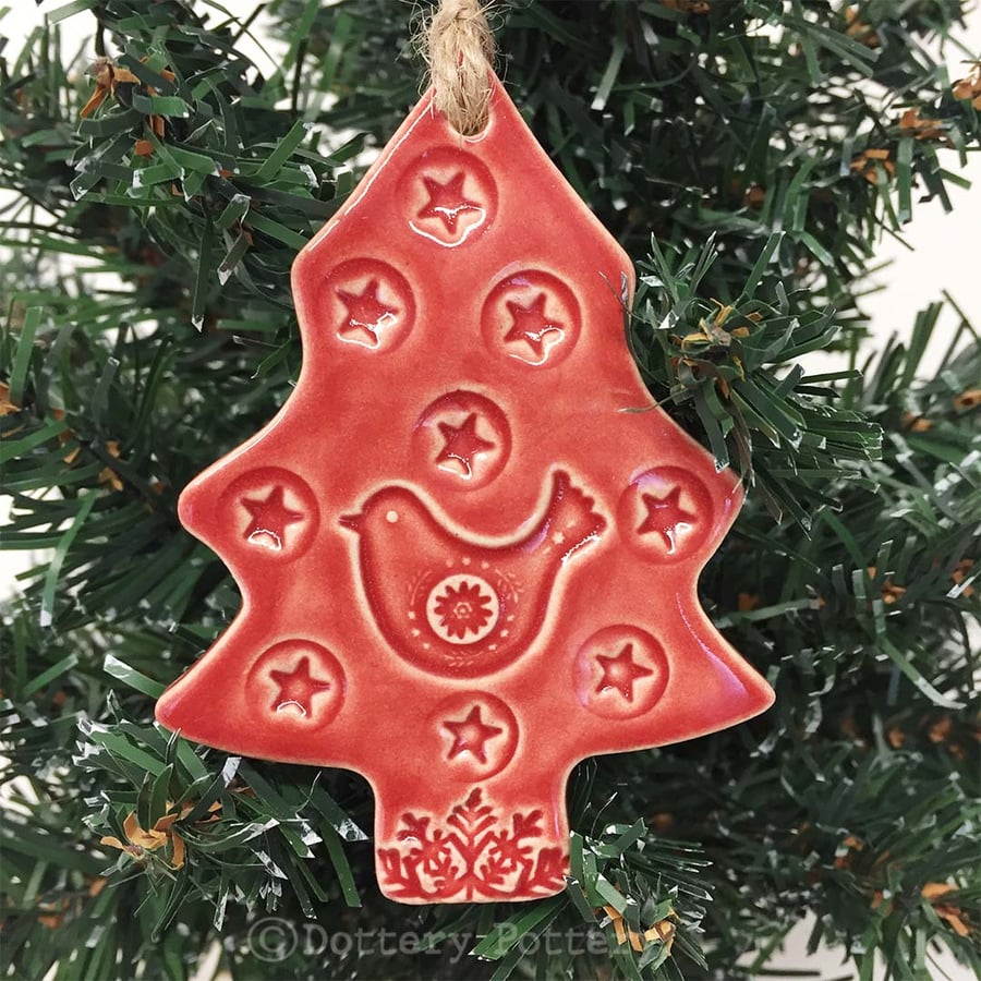 Red Ceramic Christmas tree decoration with bird and star Pottery decoration