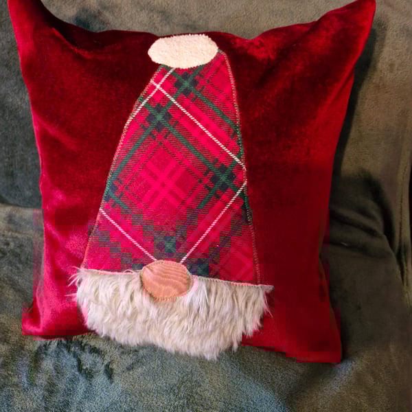 Christmas Red cushion with Red check Tomte gnome applique
