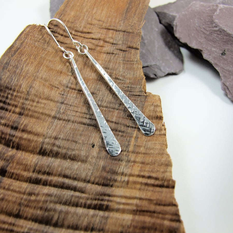 Earrings, Sterling Silver Long Droppers with Crosshatch Pattern