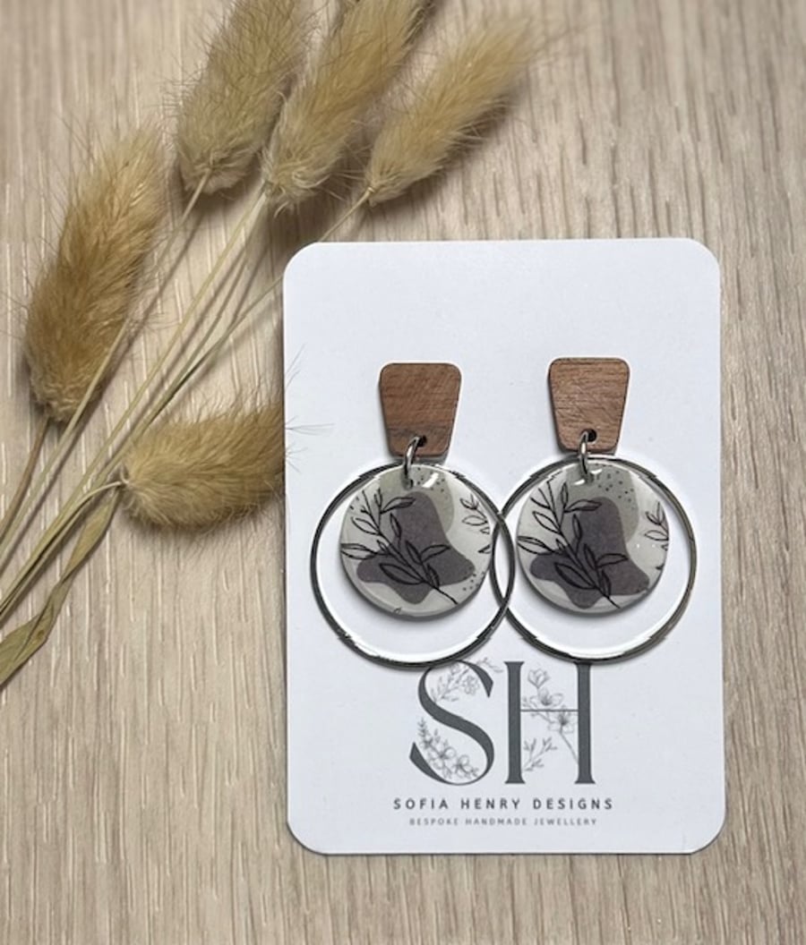 Handcrafted Green and White Botanical Dangle Earrings with Walnut Stud (large)