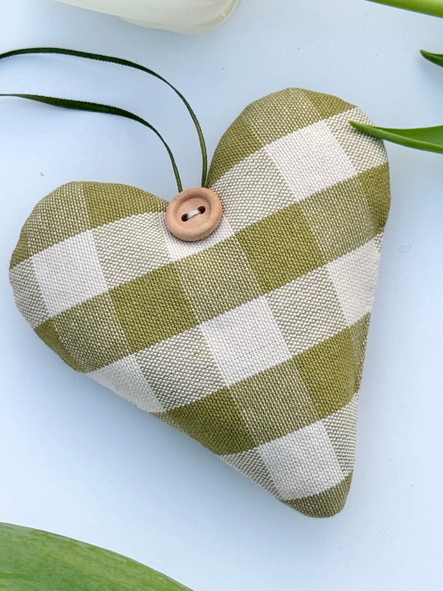 APPLE GREEN CHECKED FABRIC HEART DECORATION