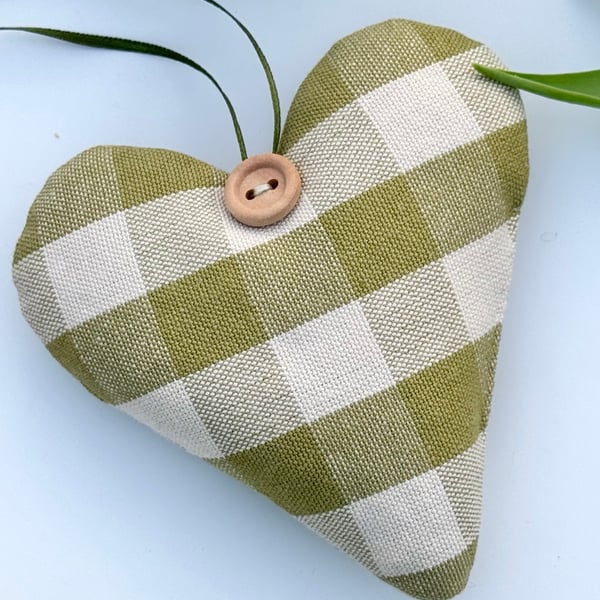 APPLE GREEN CHECKED FABRIC HEART DECORATION