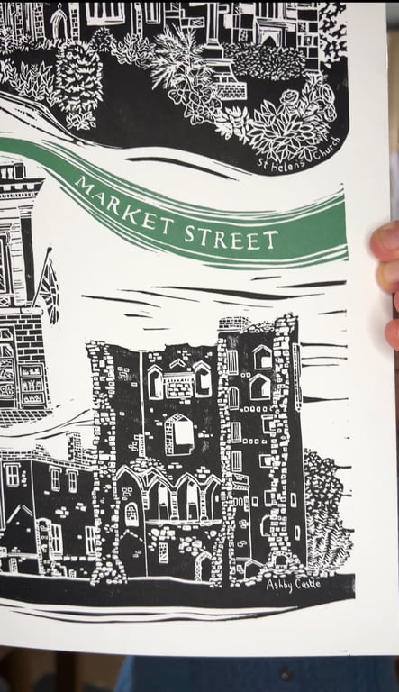 Ashby de la Zouch Original Linoprint in Black and Green