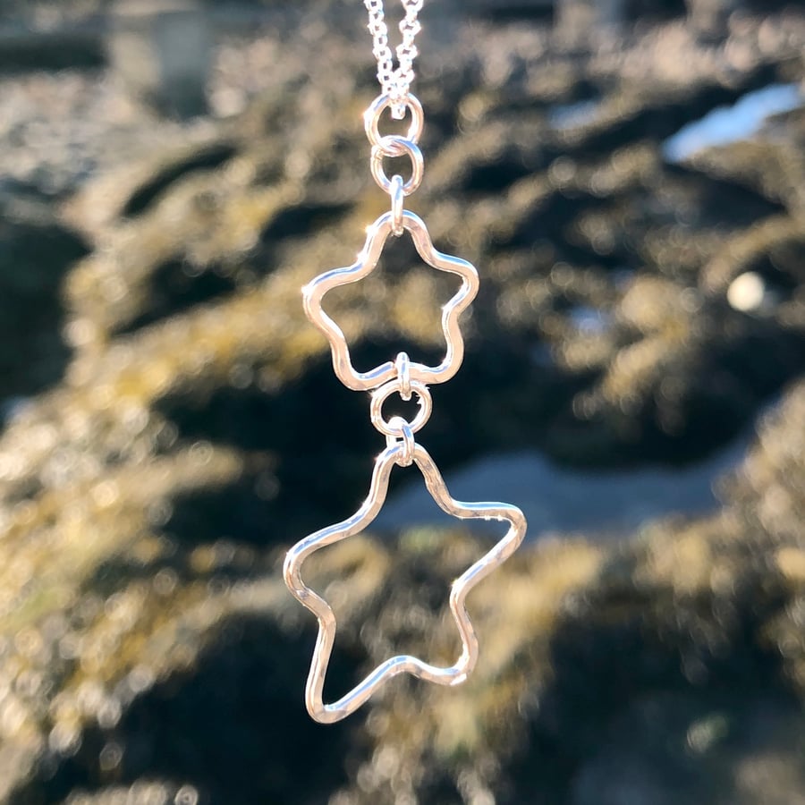 Simple Sterling Silver Double Starfish Pendant - 1267