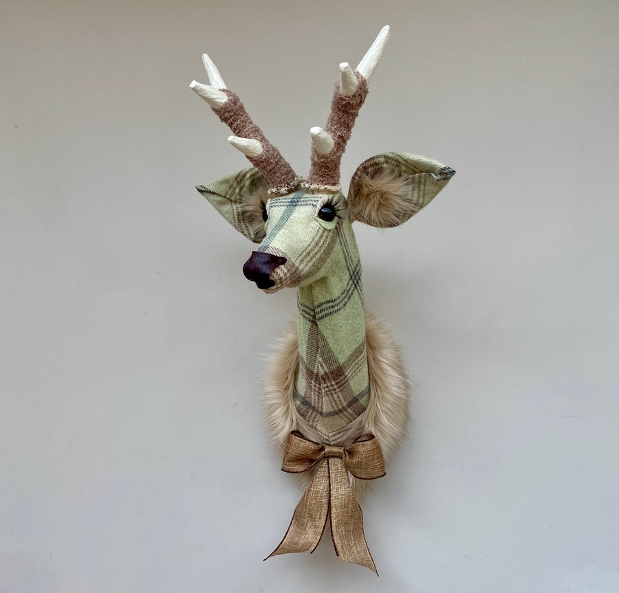 Handmade faux taxidermy olive green check stag wall mount animal head