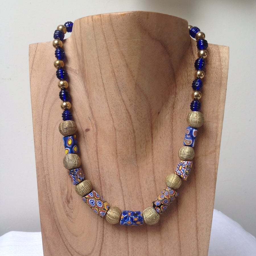Blue bead choker necklace with rare antique trade beads and handmade brass beads