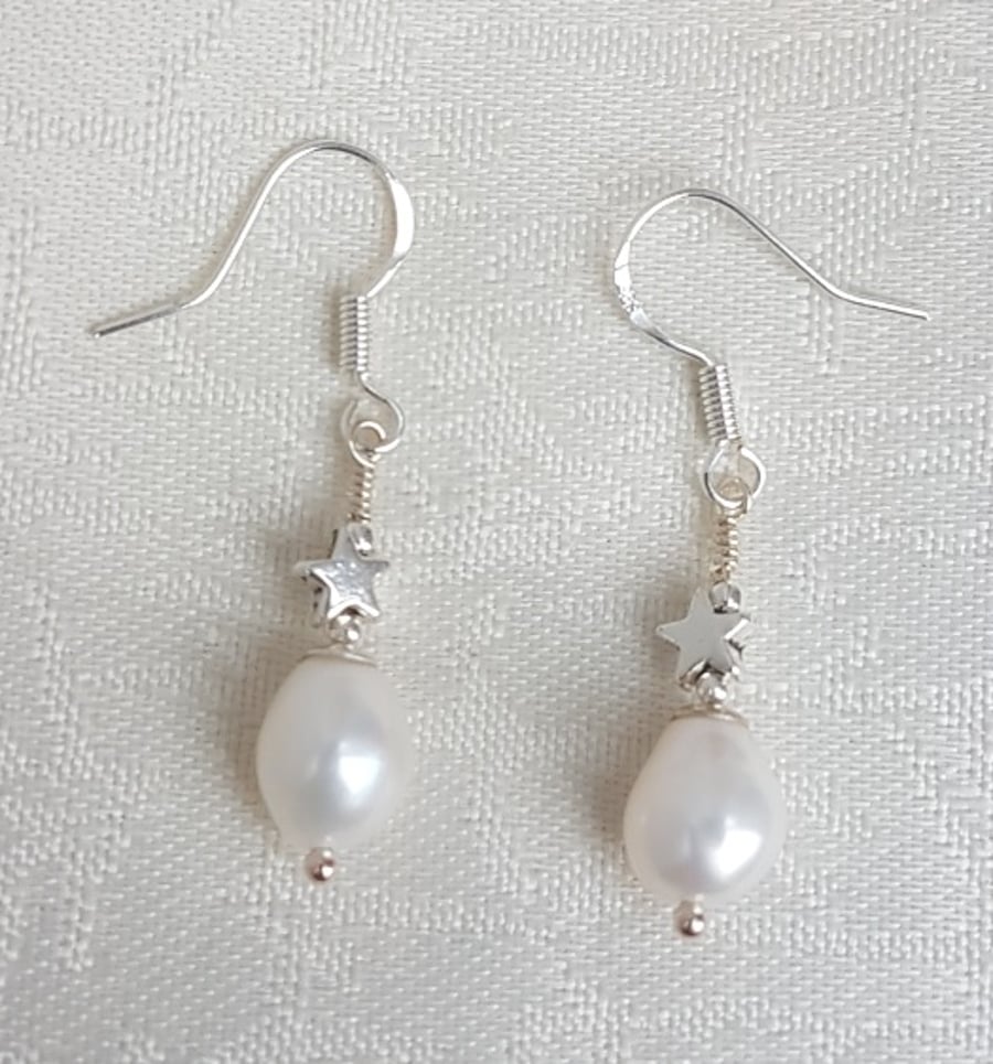 White Pearl and Star Earrings 