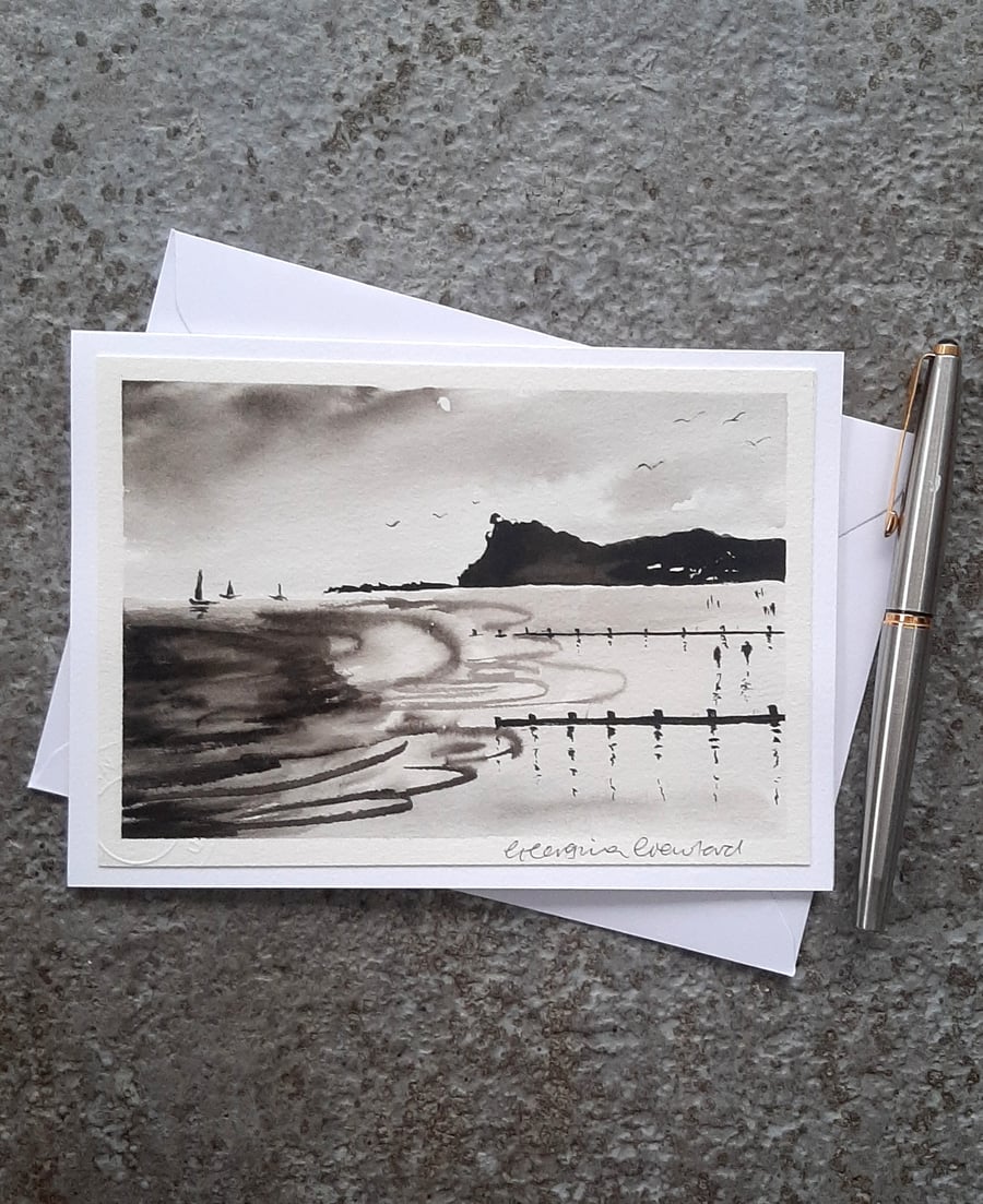 Handpainted Blank Card. Black and White  Beach  Keepsake