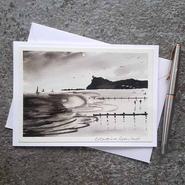 Handpainted Blank Card. Black and White  Beach  Keepsake
