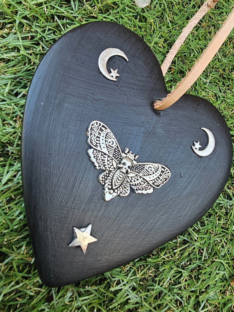 Handmade Gothic Death Head Moth Ceramic Heart Hanging Decoration