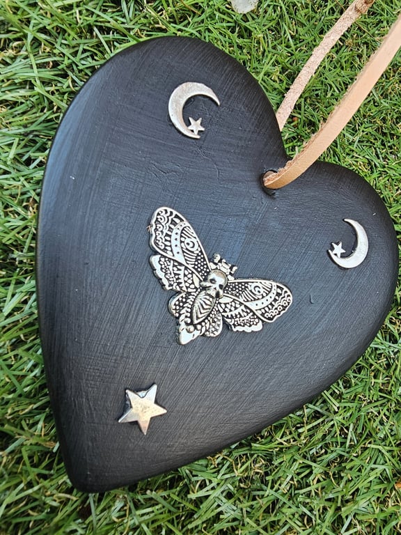 Death Head Moth Celestial Black Heart Shaped Wall Stair Ceramic Decoration Goth