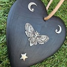 Death Head Moth Celestial Black Heart Shaped Wall Stair Ceramic Decoration Goth