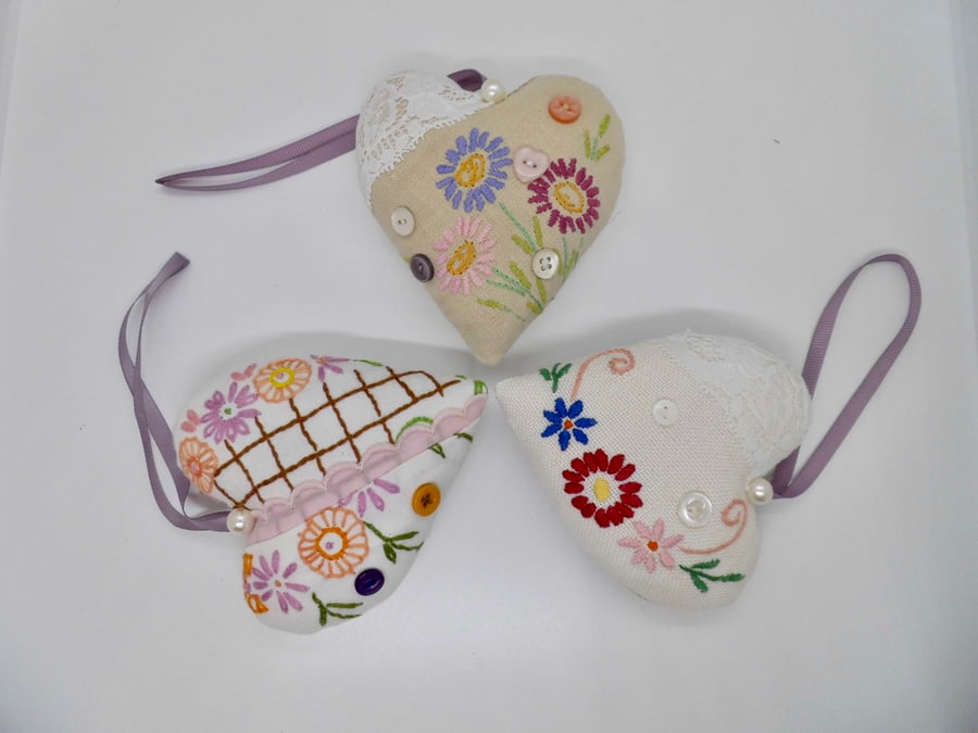 SOLD CLEARANCE Three Heart decorations lavender scented embroidered flowers