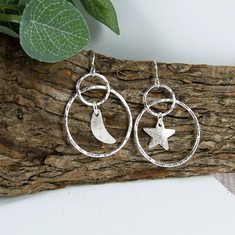 Earrings, Sterling Silver Moon, Star and Eclipse Dropper Earrings