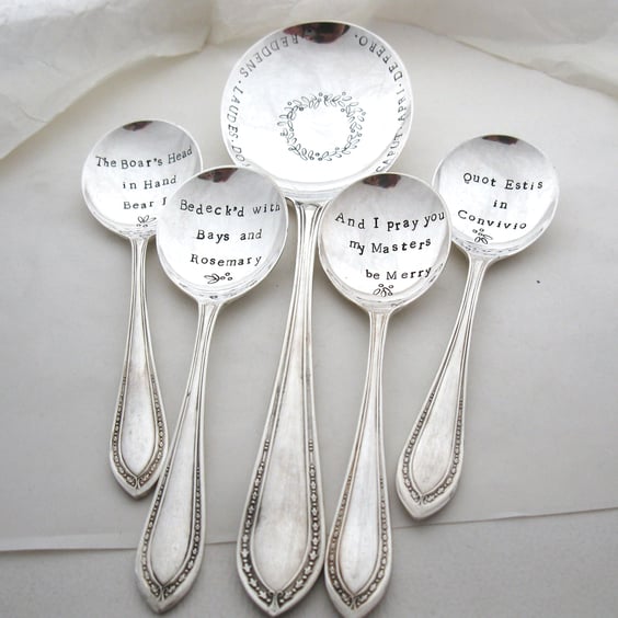 Boars Head Carol Spoons, set of 5, hand stamped vintage spoons for Xmas