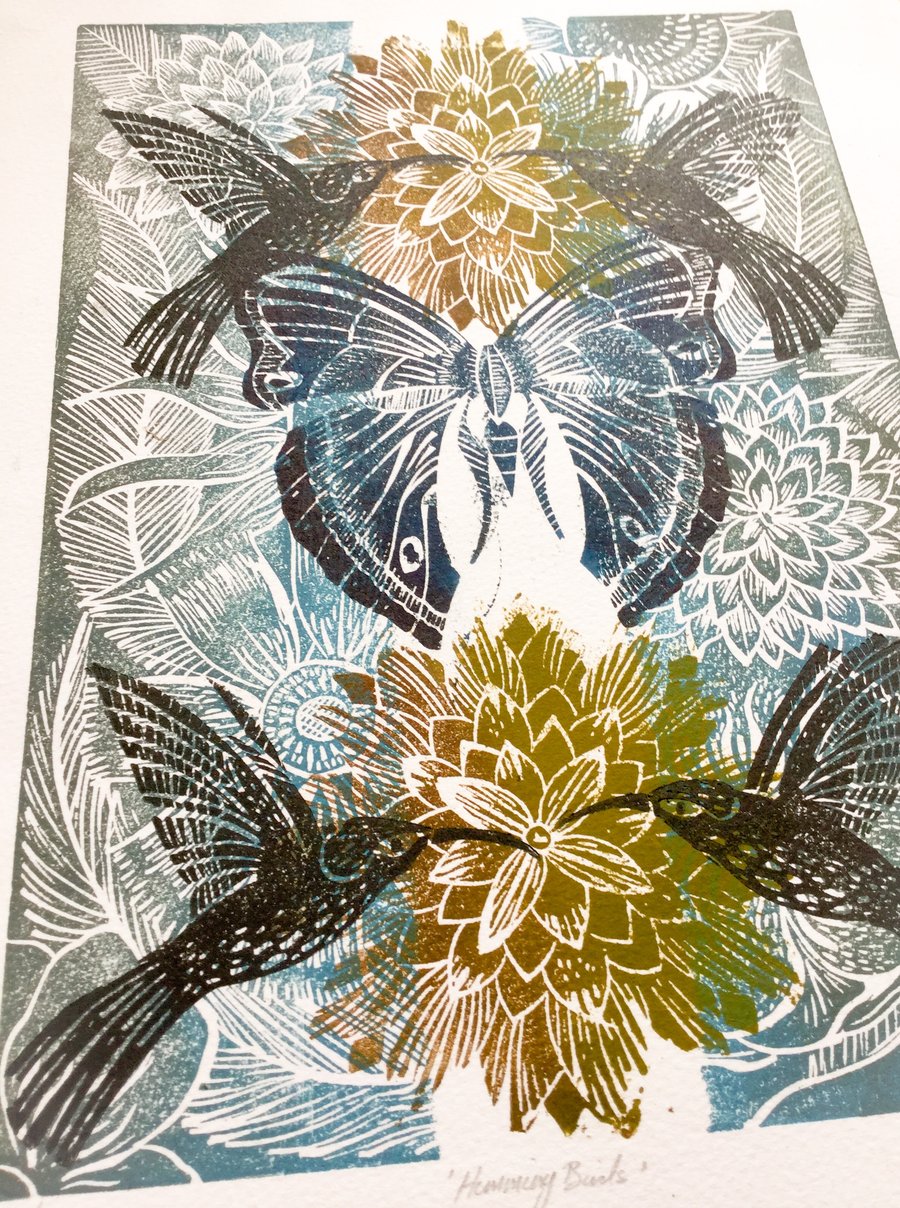 Original Linocut Hummingbird Print. 