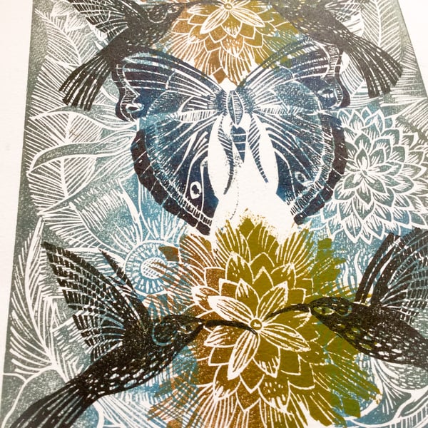 Original Linocut Hummingbird Print. 