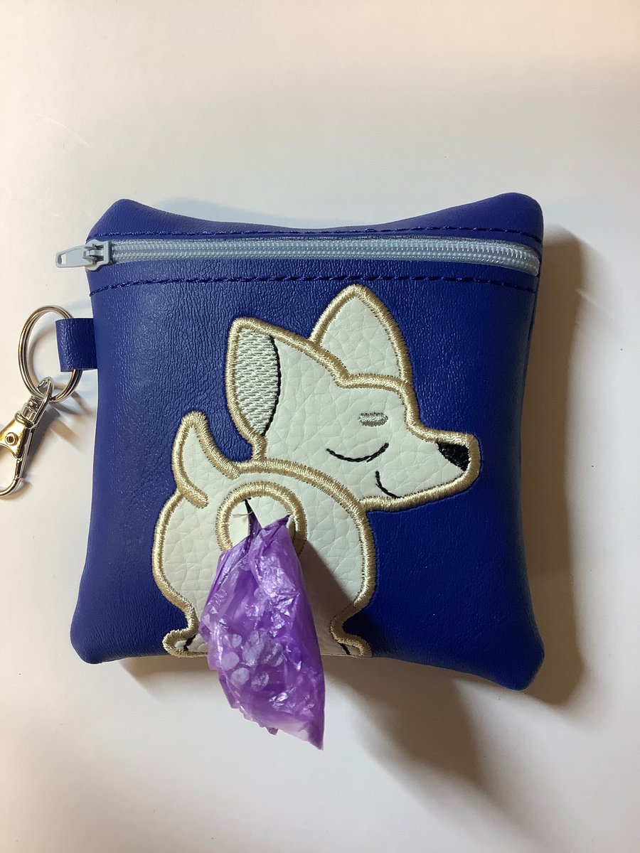 Lovely Embroidered Chihuahua blue  faux leather dog poo bag ,dog walking,