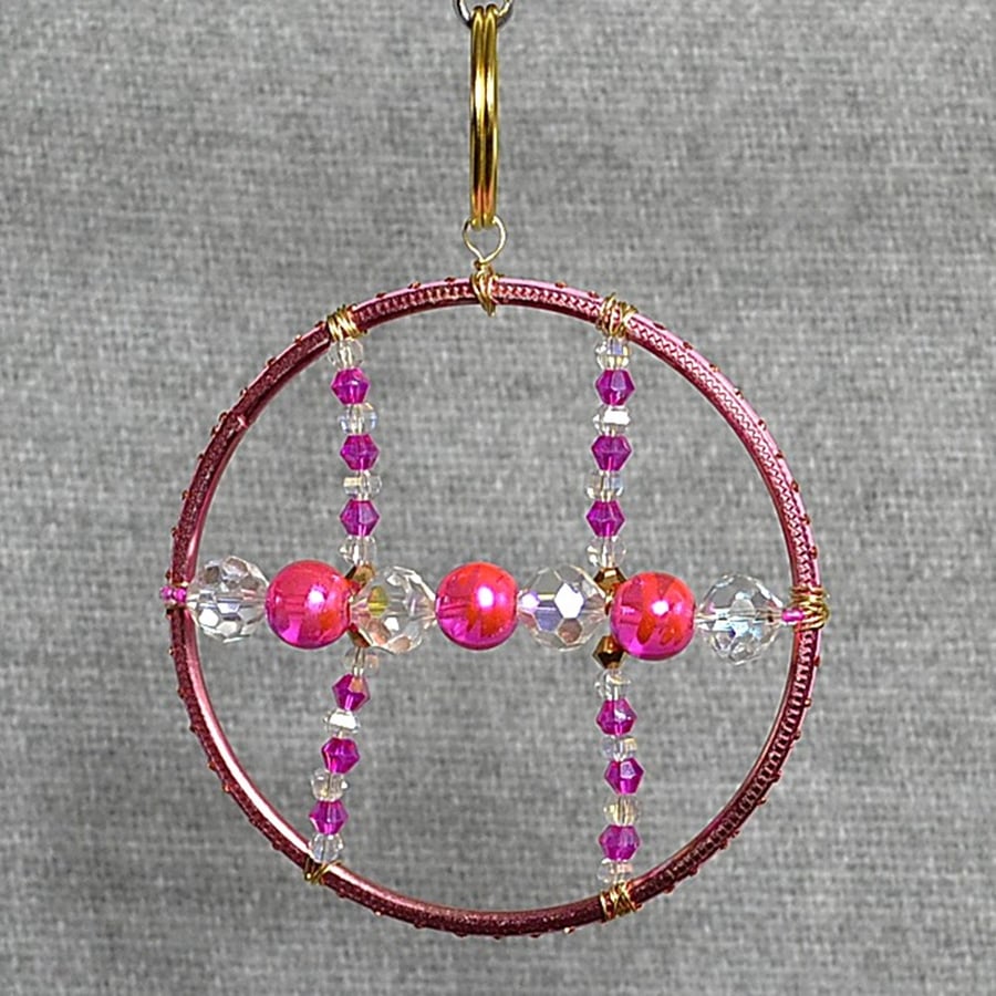 Pink Upcycled Bangle Window Decoration-Suncatcher with Pink and Clear Beads
