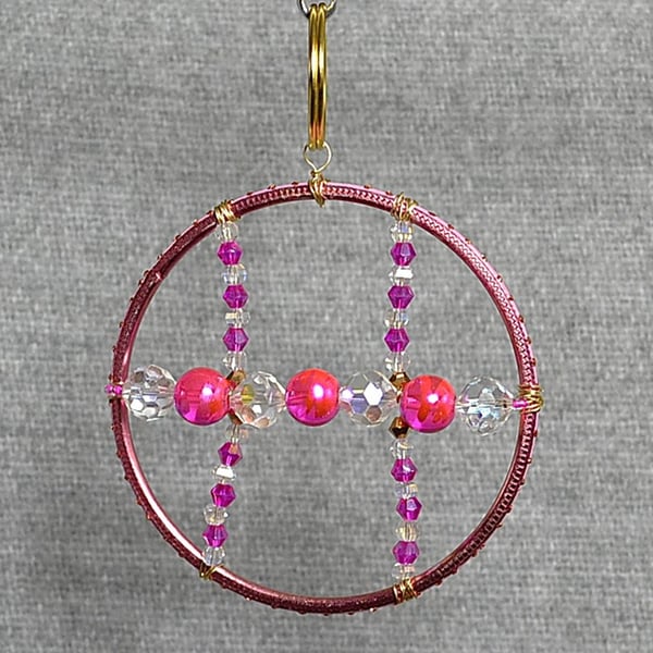 Pink Upcycled Bangle Window Decoration-Suncatcher with Pink and Clear Beads