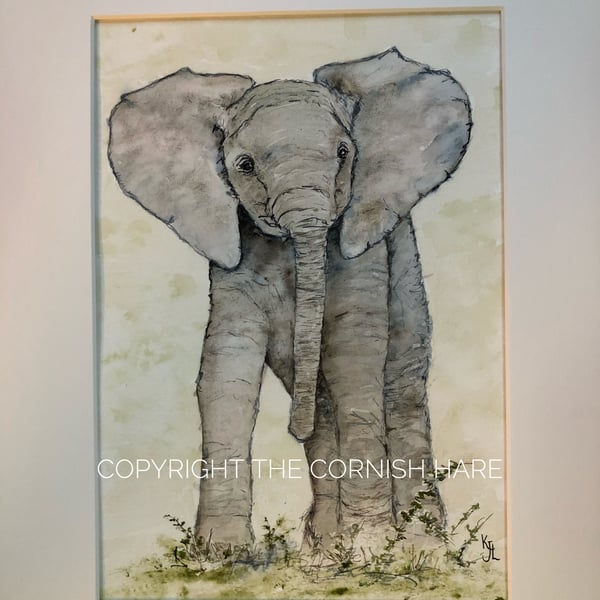 Original watercolour of Tembo the Elephant, mounted 