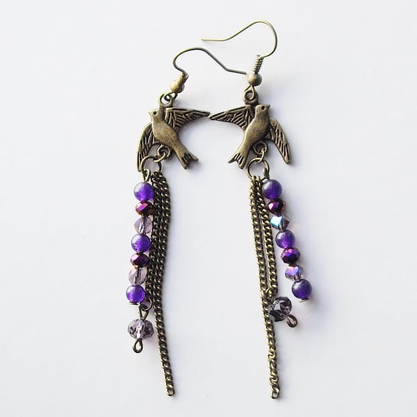 Bronze Bird and Amethyst Gemstone and Bead Earrings - UK Free Post