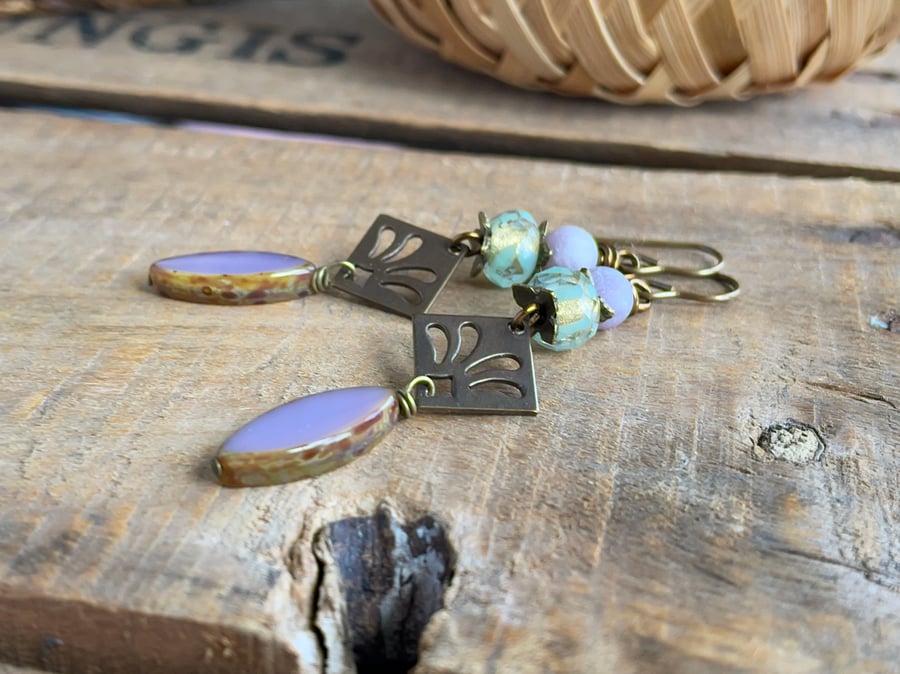 Lilac Czech Glass Earrings. Brass Fleur-de-Lys Jewellery. Bohemian Design 