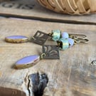 Lilac Czech Glass Earrings. Brass Fleur-de-Lys Jewellery. Bohemian Design 