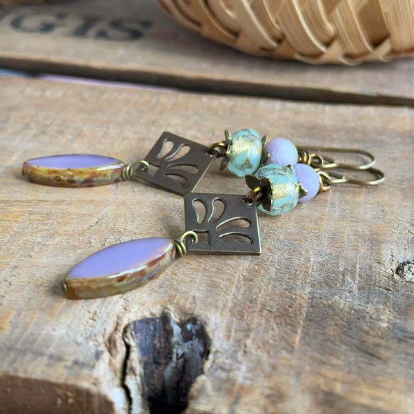 Lilac Czech Glass Earrings. Brass Fleur-de-Lys Jewellery. Bohemian Design 