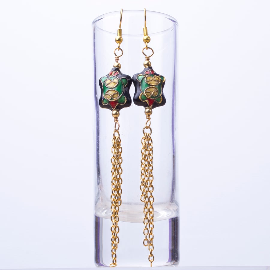 Cloisonne and long chain tassel earrings