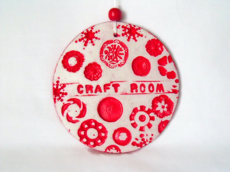 clay craft room sign in red for hanging from your wall or door
