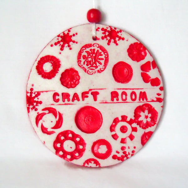 clay craft room sign in red for hanging from your wall or door