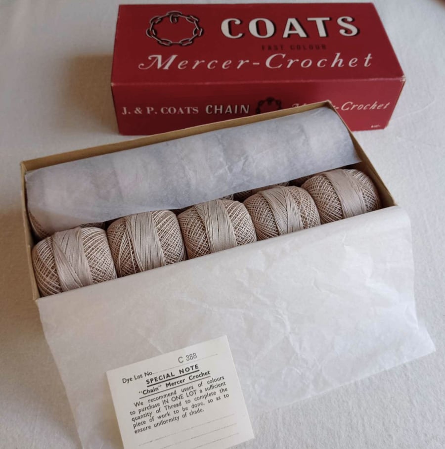 Crochet Cotton 20 - Vintage Coats Chain Mercer thread in original box, 10 balls 