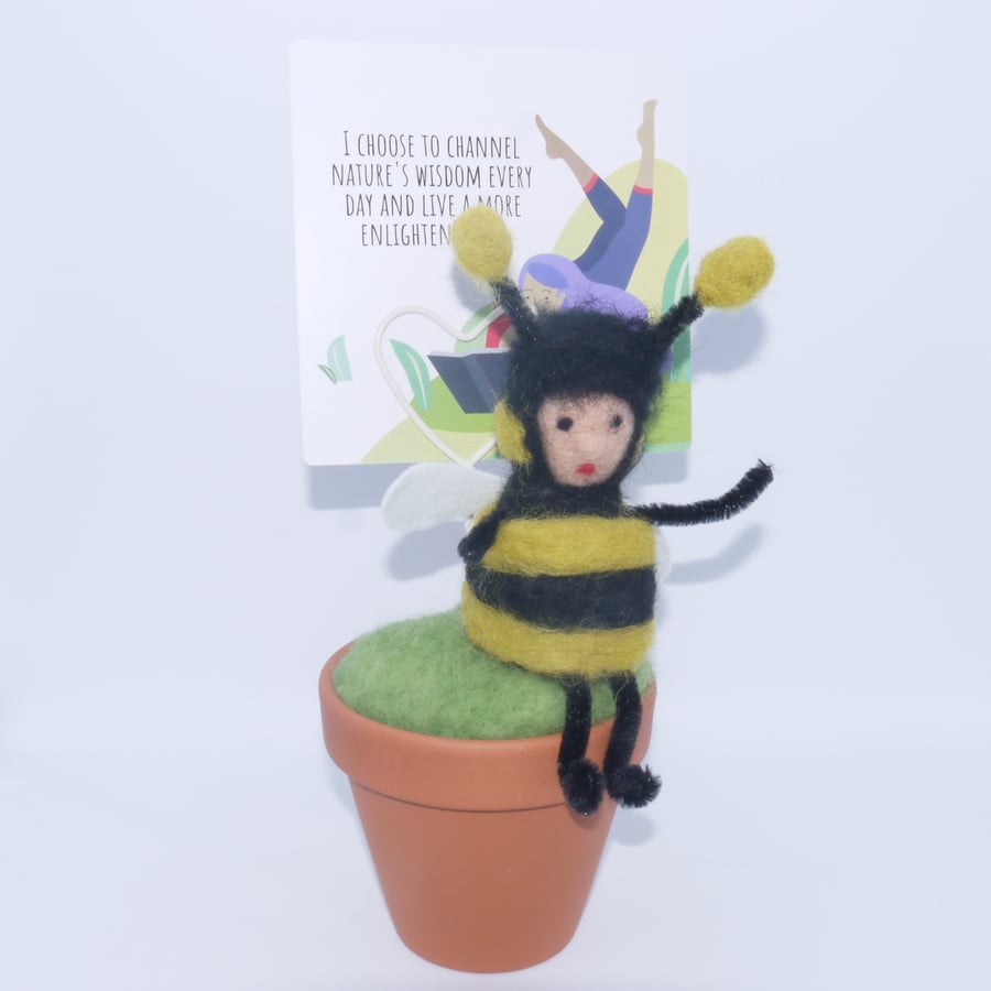 Needle felted Bee fairy in plant pot photo holder