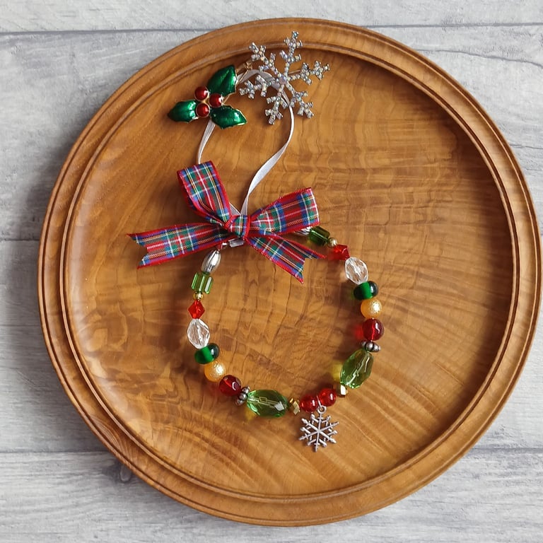 Beaded Ring Christmas Decoration, with snowflake charm and tartan bow