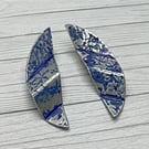 Aluminium Stud Earrings, Folded Design, Imprinted Floral Pattern, Silver Blue